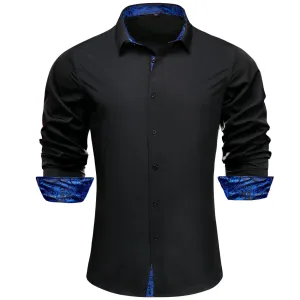 Ties2you Business Shirts Black Solid Splicing Blue Paisley Silk Mens Button Up Long Sleeve Shirts