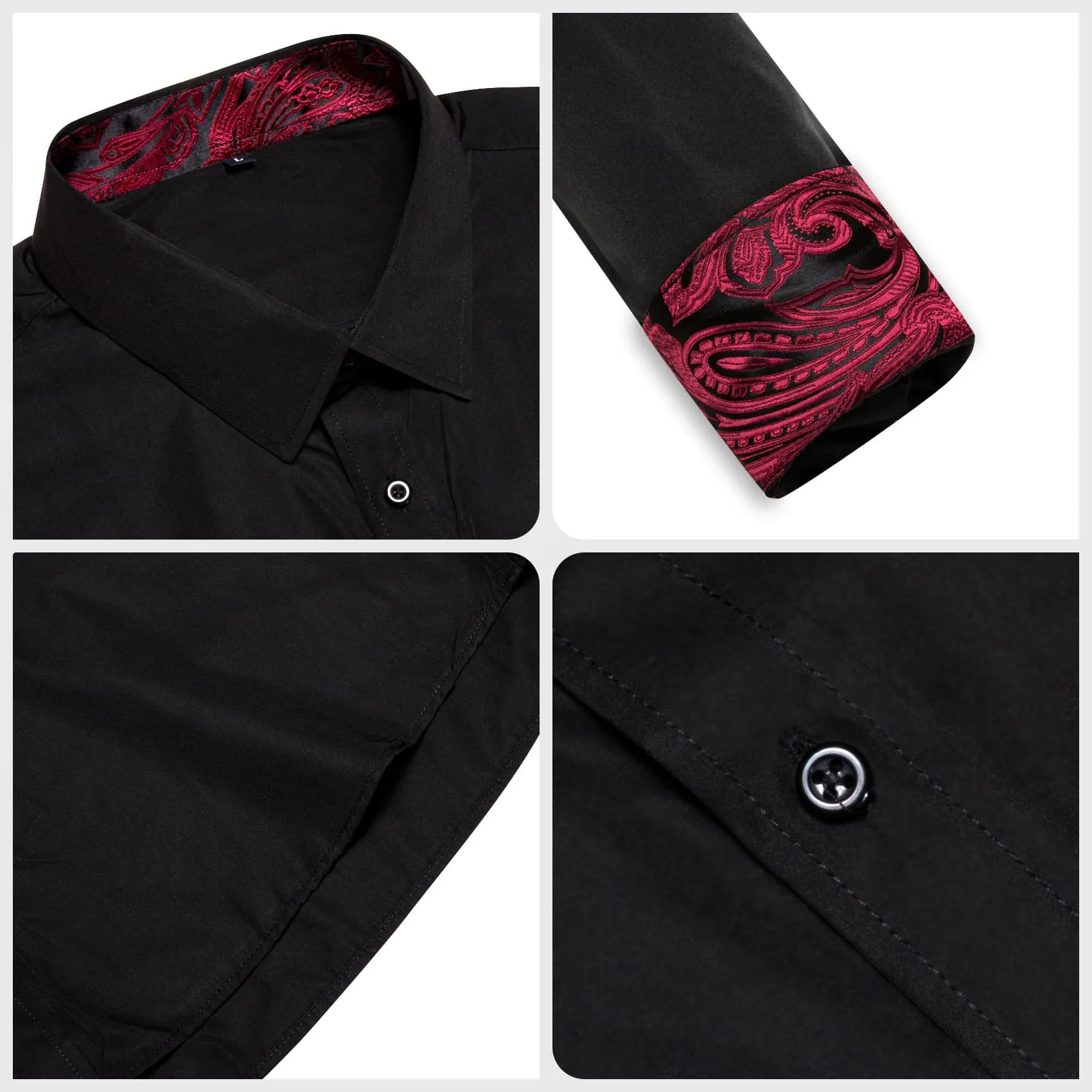 Ties2you Business Shirts Black Solid Splicing Paisley Button Up Long Sleeve Shirts for Men