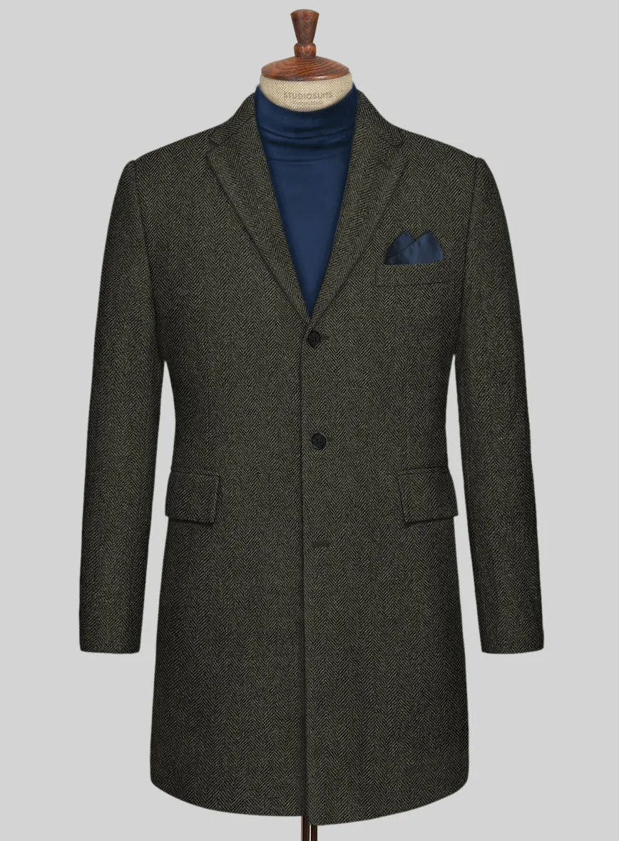 Vintage Flat Green Herringbone Tweed Overcoat