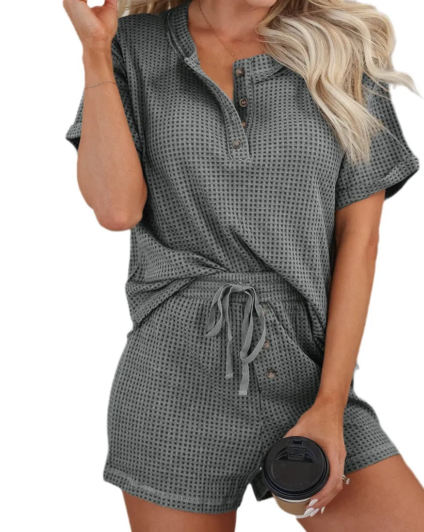 Waffle Buttoned Top and Shorts Set