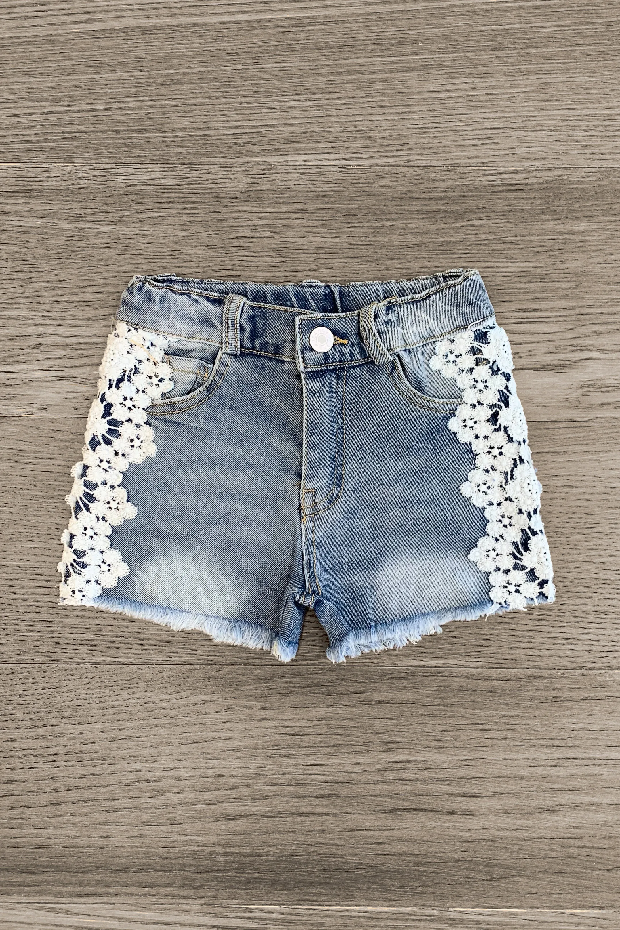 White Floral Lace Denim Shorts