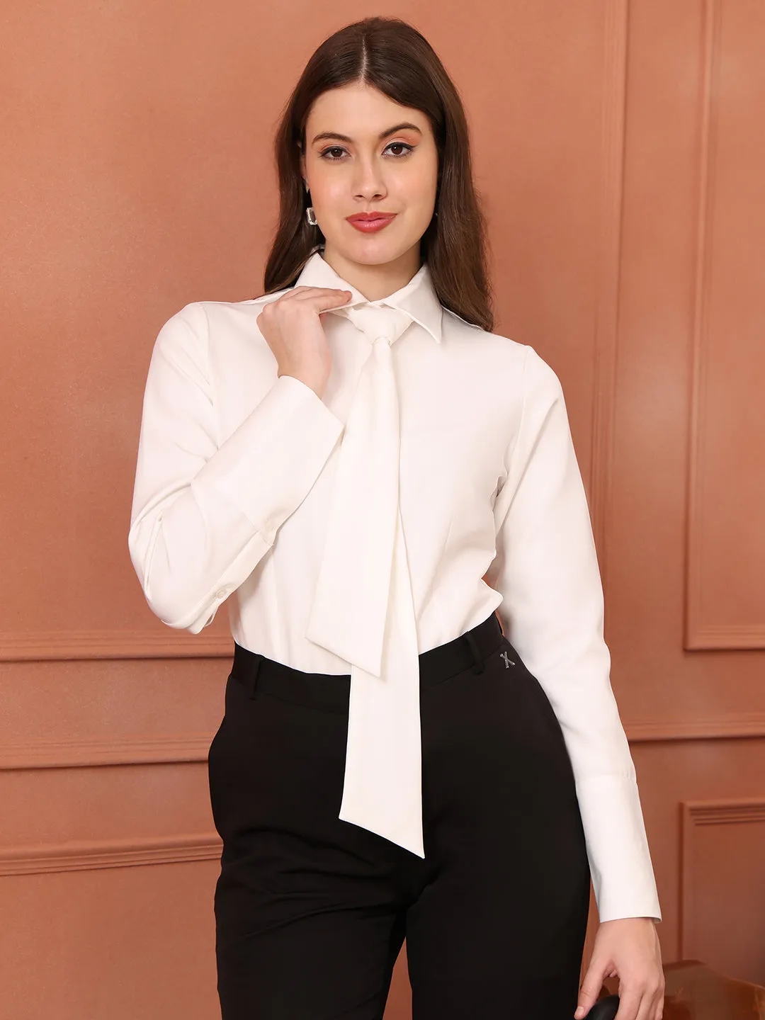 White Spandex Feminine Touch Tie Shirt