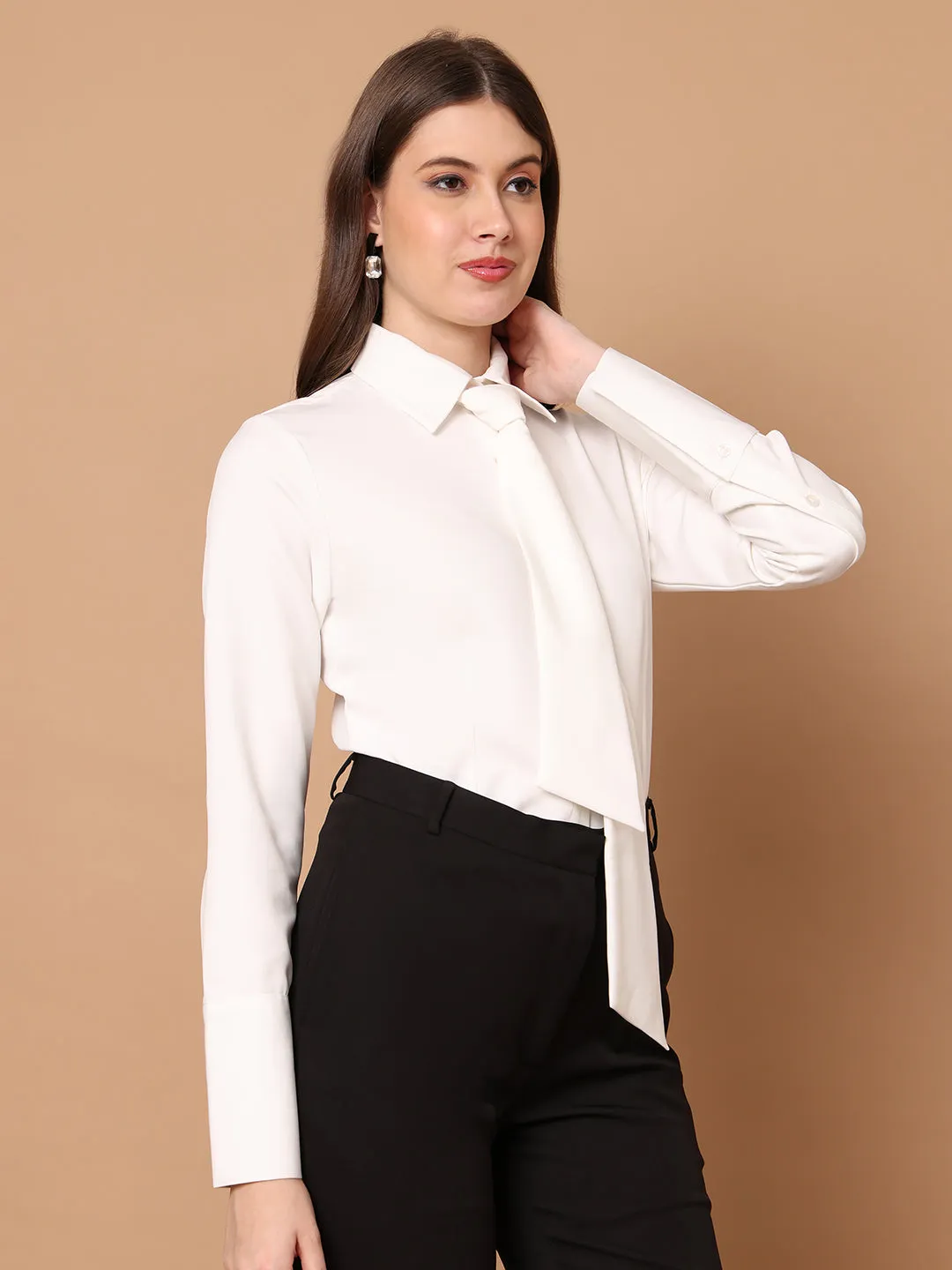 White Spandex Feminine Touch Tie Shirt