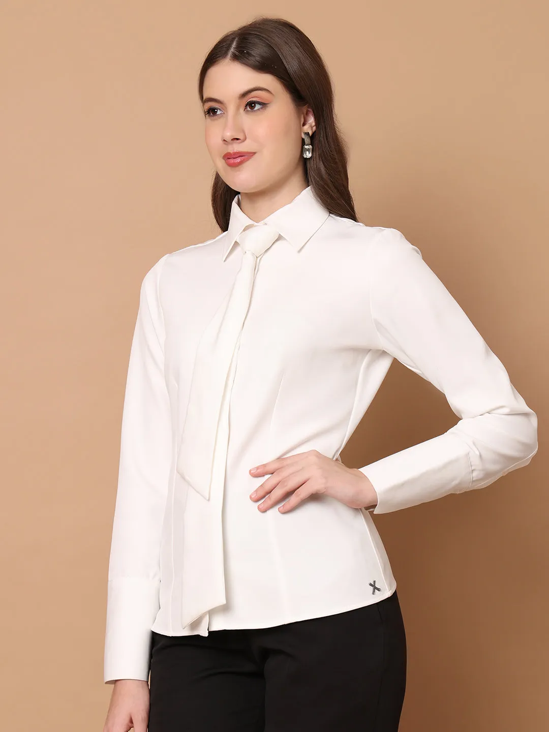 White Spandex Feminine Touch Tie Shirt