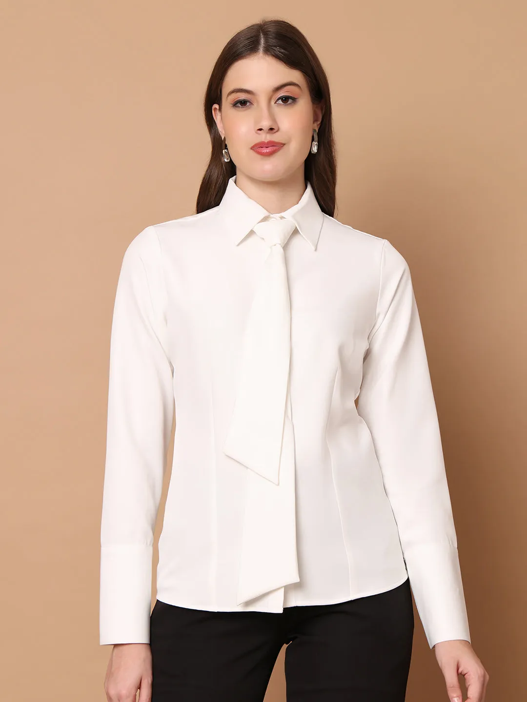 White Spandex Feminine Touch Tie Shirt