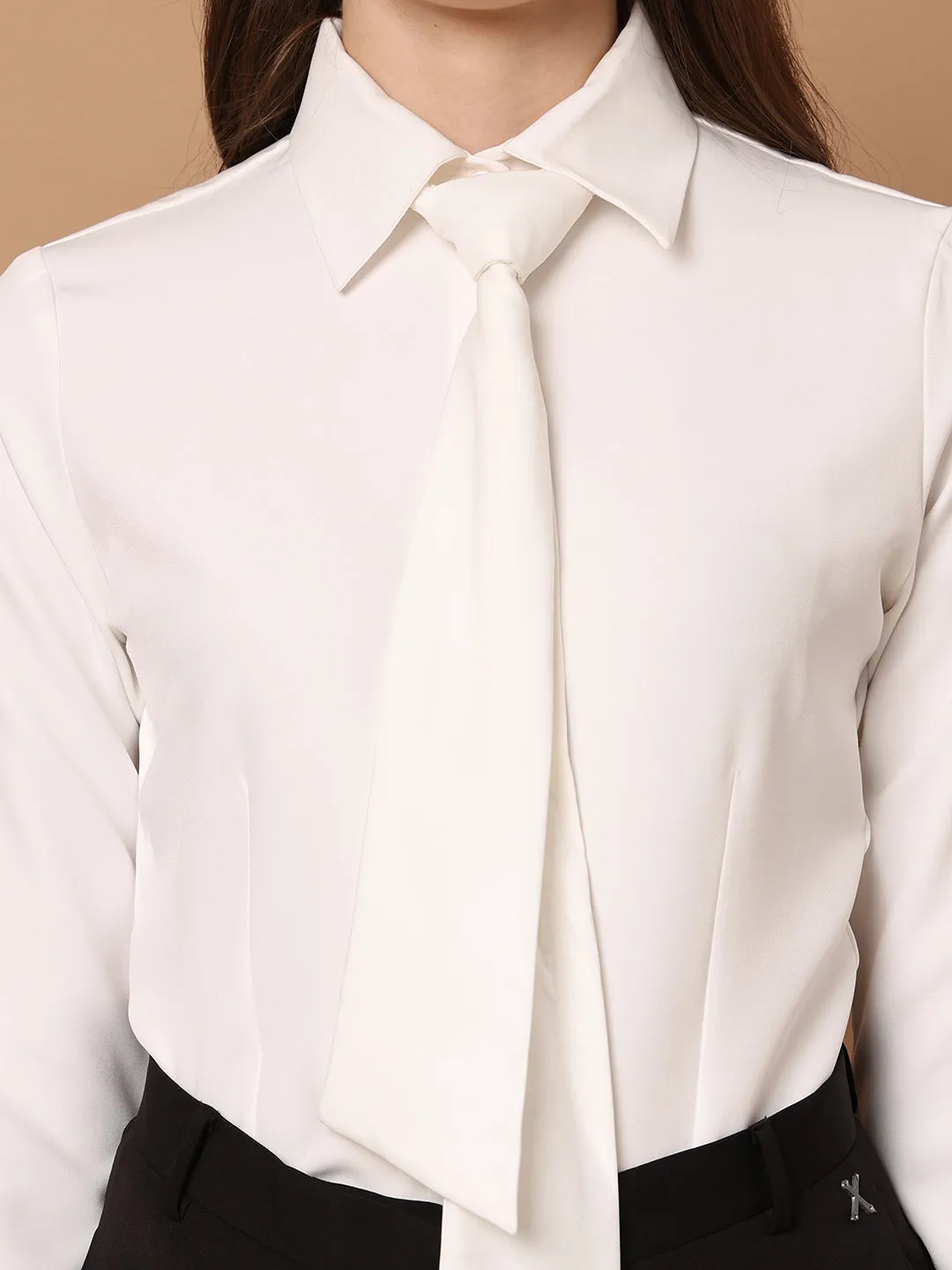 White Spandex Feminine Touch Tie Shirt