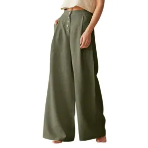 Women's Army Green Casual Cotton Linen High Waist Wide Leg Pants Trousers, M