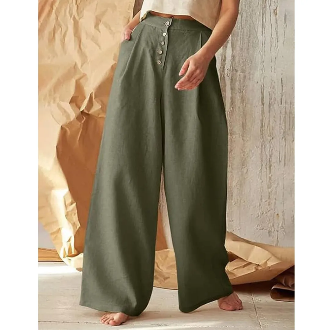 Women's Army Green Casual Cotton Linen High Waist Wide Leg Pants Trousers, M