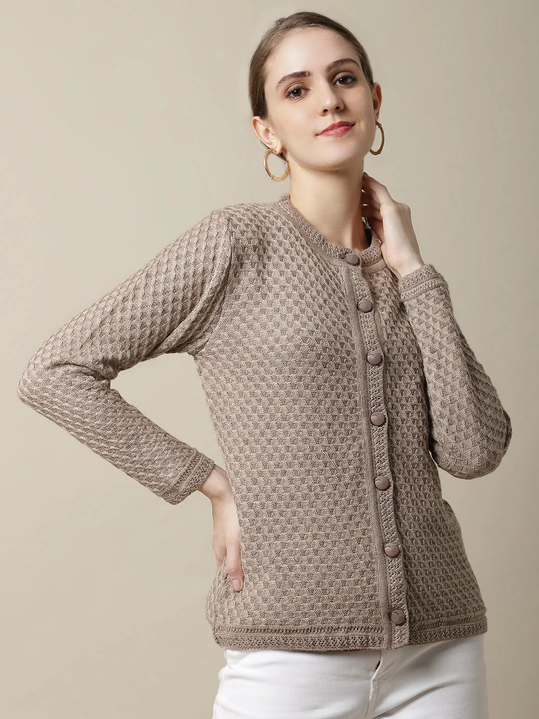 Women's Casual  Beige Round neck Cardigan Sweater