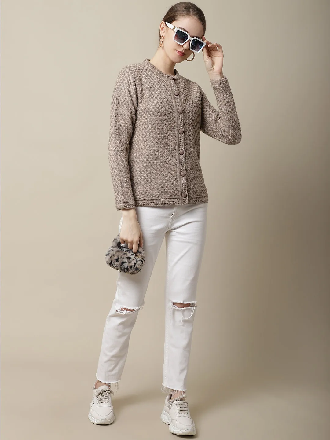 Women's Casual  Beige Round neck Cardigan Sweater