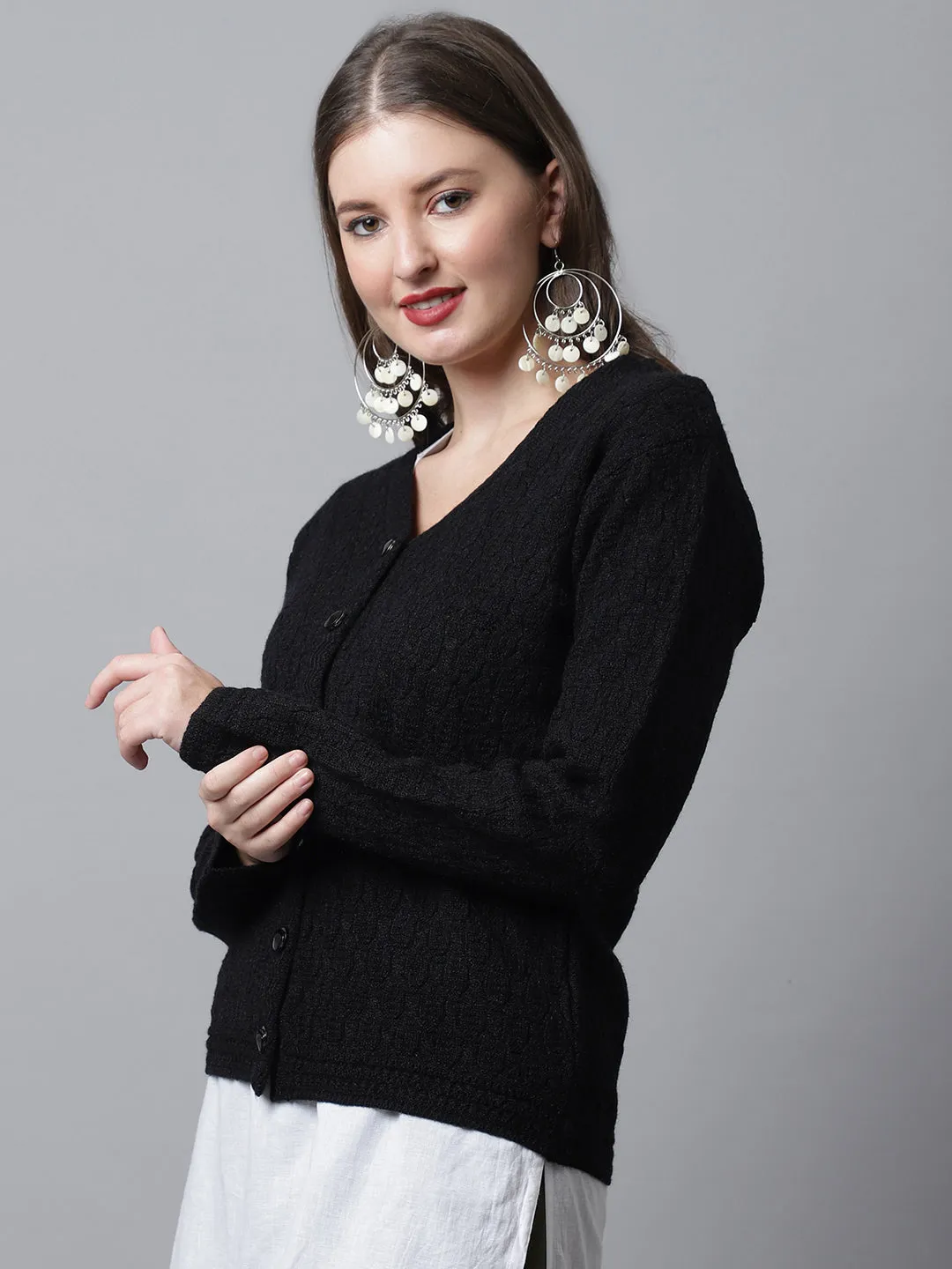 Women's Casual  Black V neck Cardigan Sweater