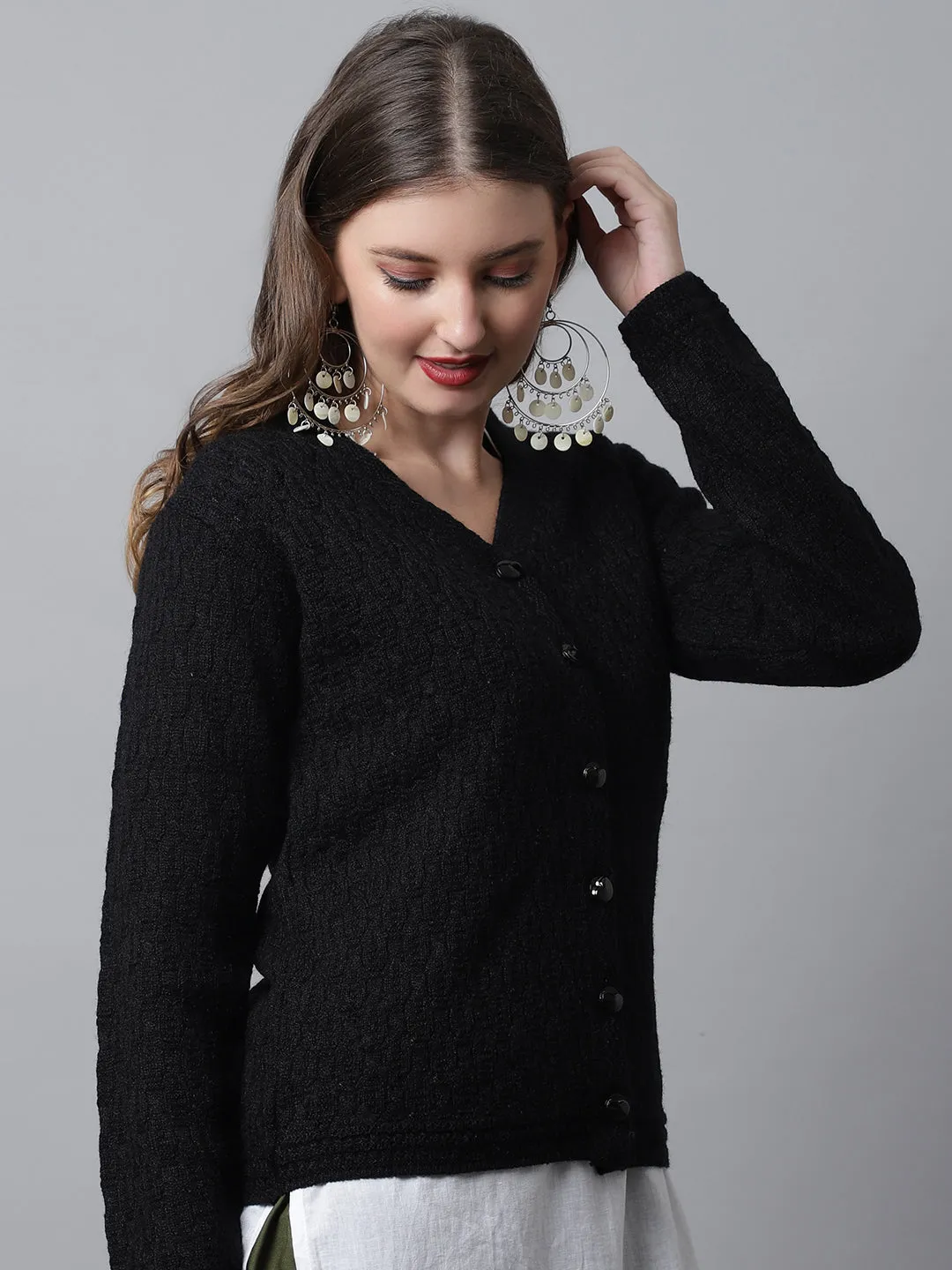 Women's Casual  Black V neck Cardigan Sweater