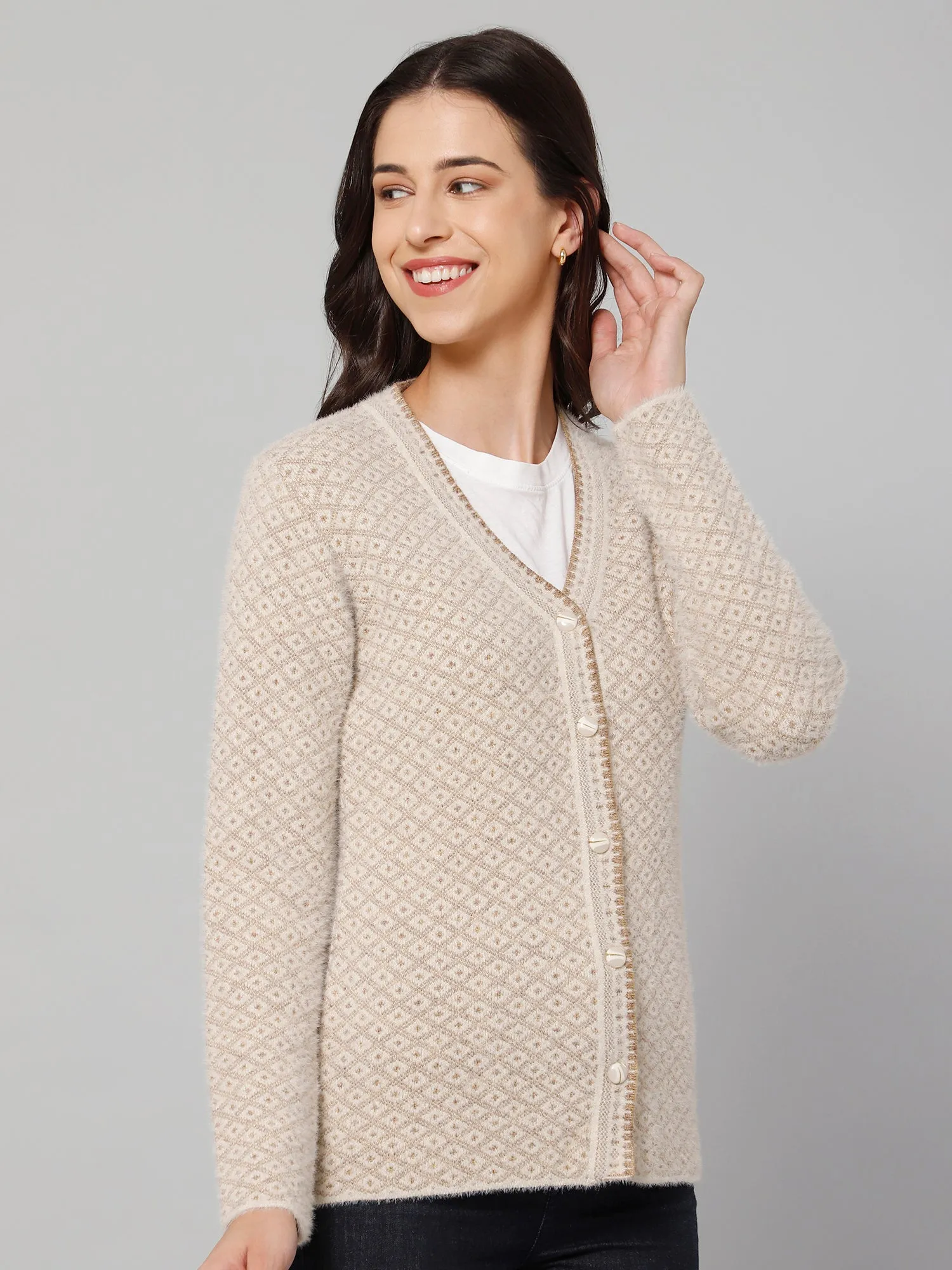 Women's Casual  Fawn V neck Cardigan Sweater