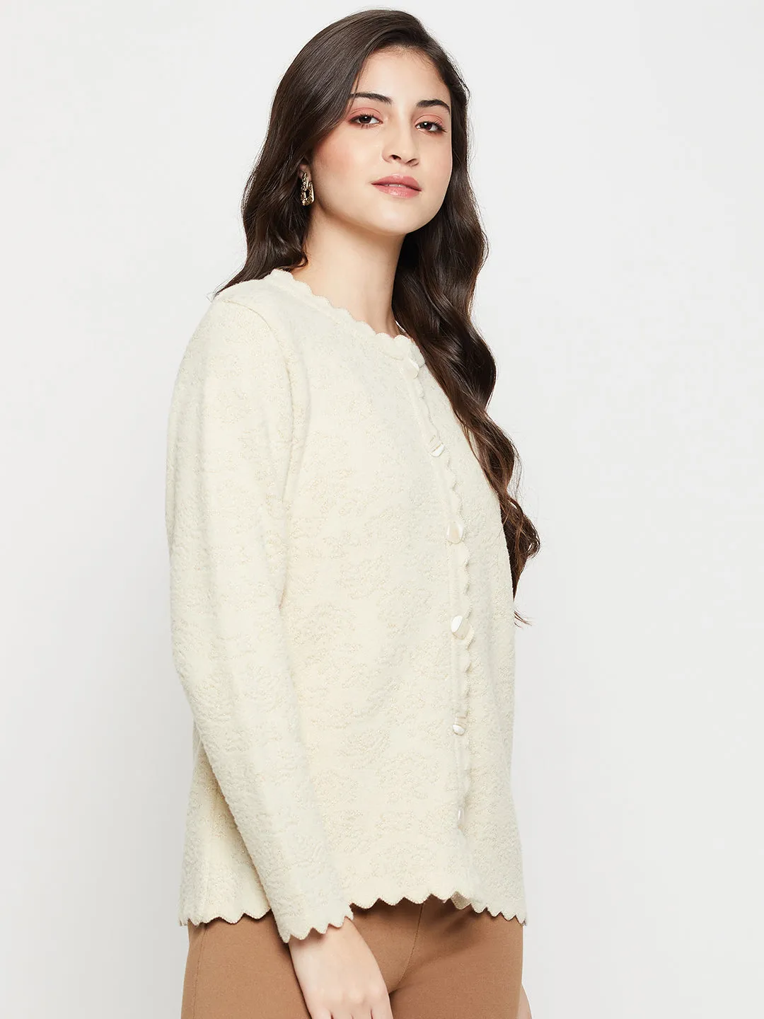 Women's Casual  Ivory Round neck Cardigan Sweater