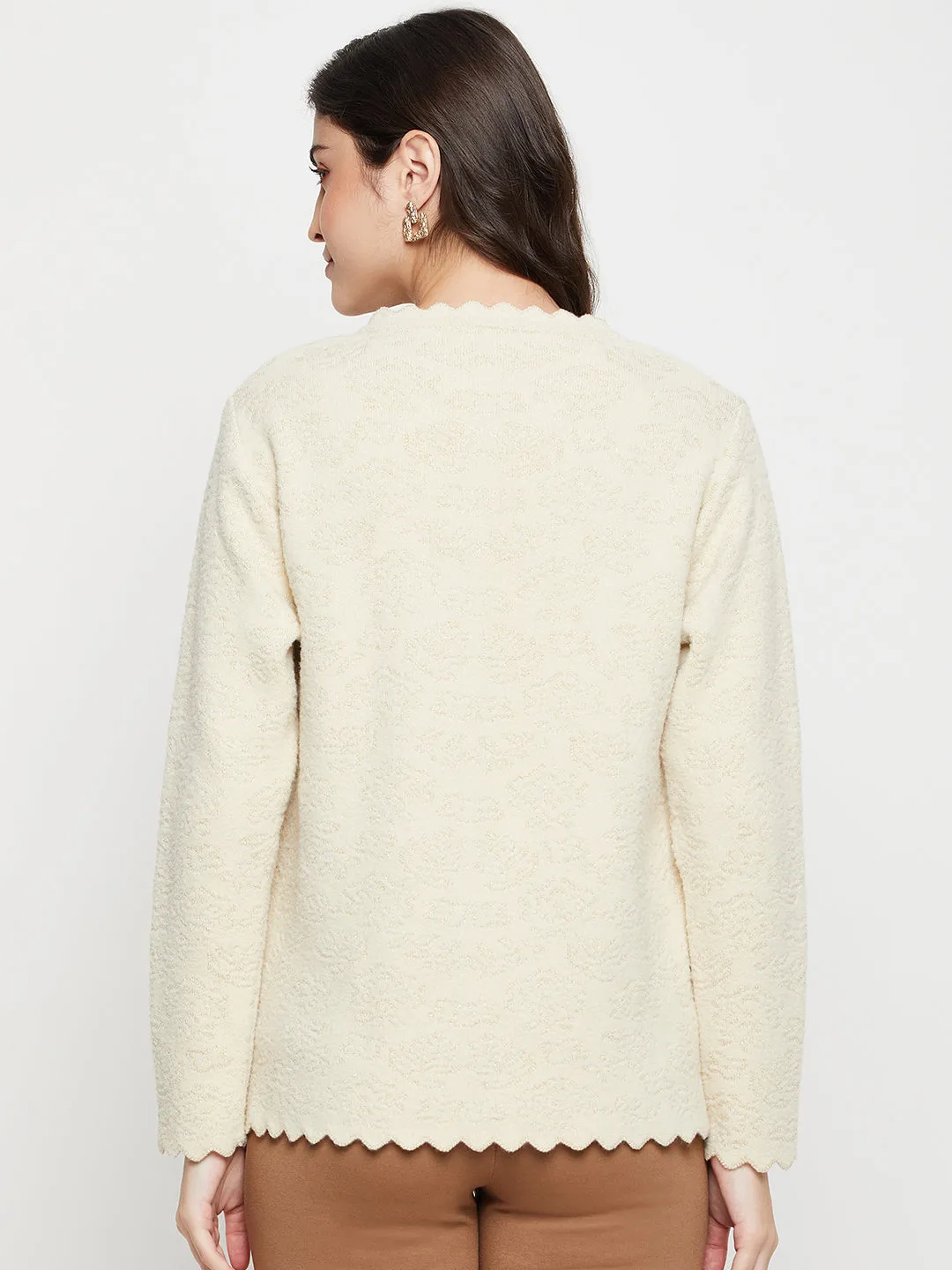 Women's Casual  Ivory Round neck Cardigan Sweater