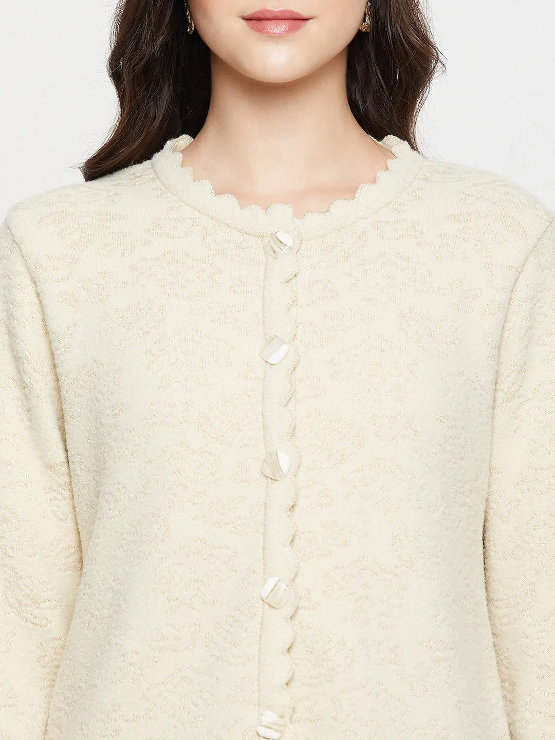 Women's Casual  Ivory Round neck Cardigan Sweater