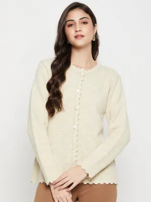 Women's Casual  Ivory Round neck Cardigan Sweater