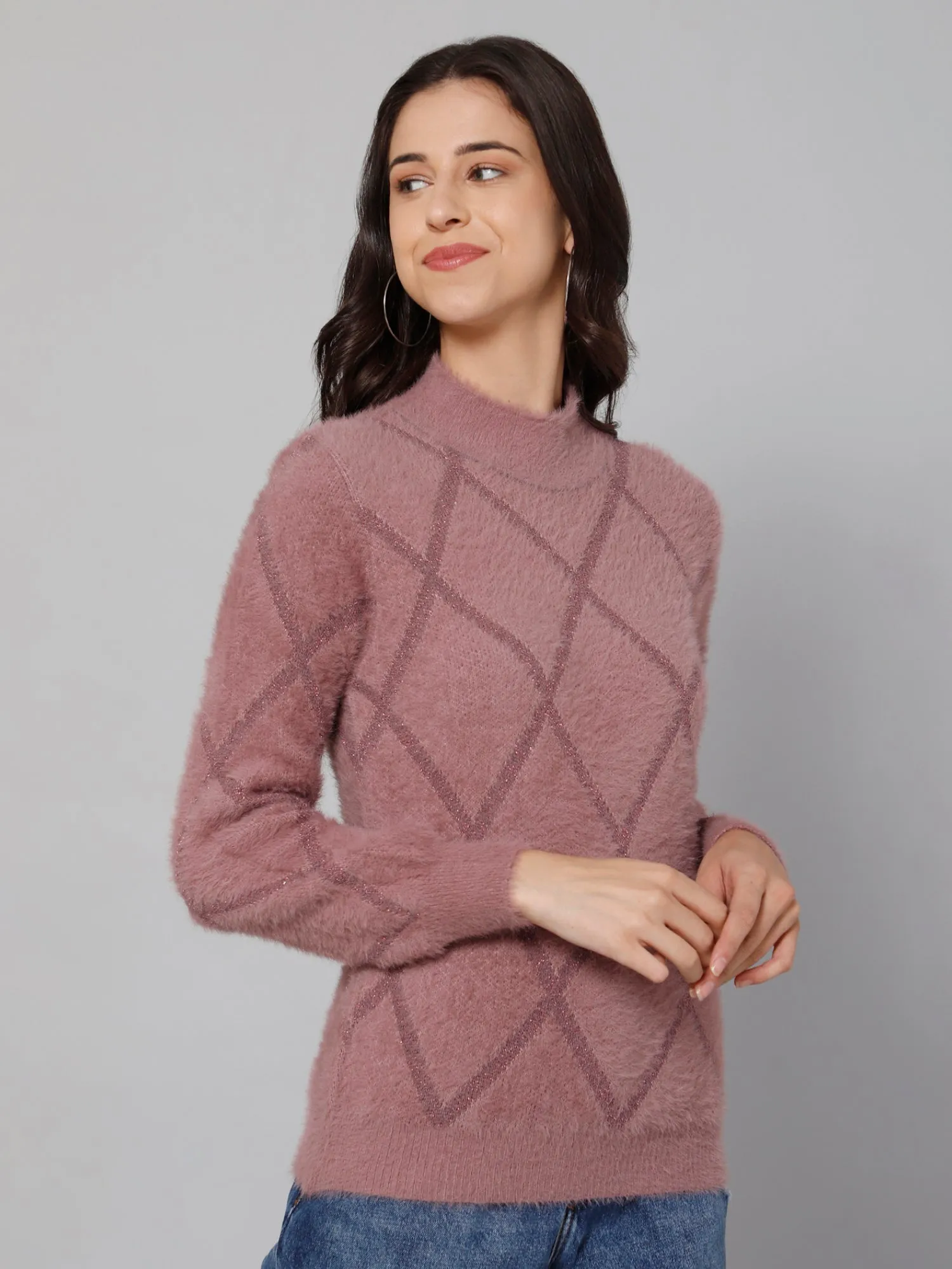 Women's Casual  Pink High neck Pullover Sweater