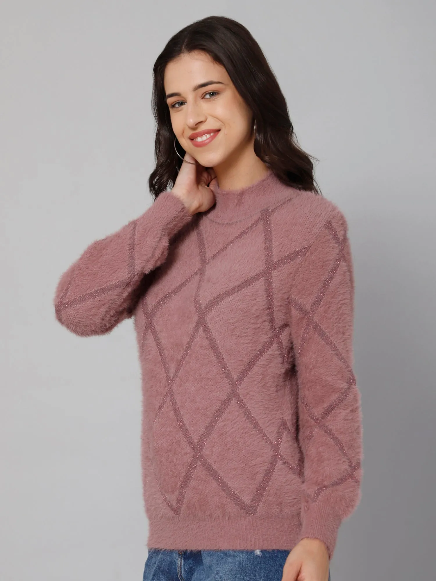 Women's Casual  Pink High neck Pullover Sweater