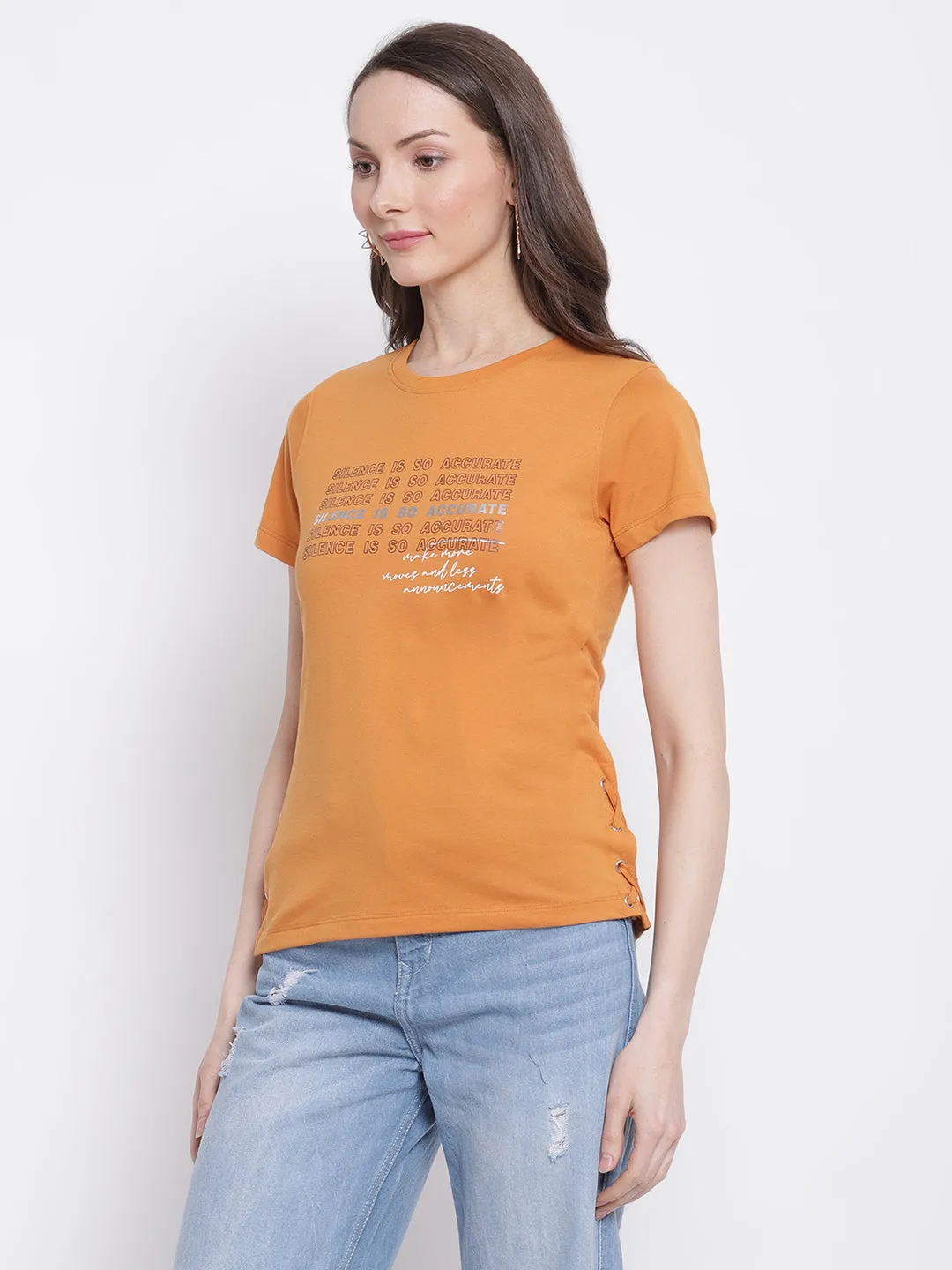 Women's Casual Regular Short Sleeve Mustard Round neck Typographic Print T-Shirt