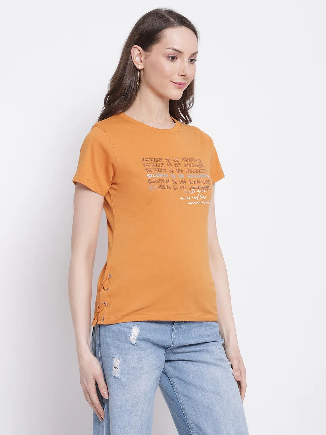 Women's Casual Regular Short Sleeve Mustard Round neck Typographic Print T-Shirt