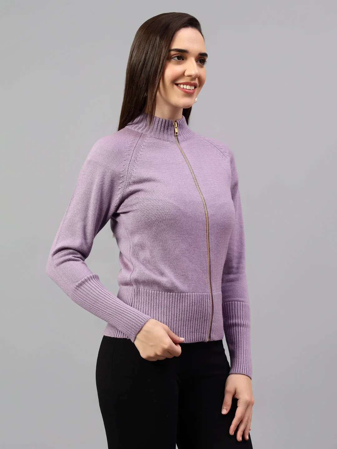 Women's Solid Lavender Full Sleeve Casual Sweater