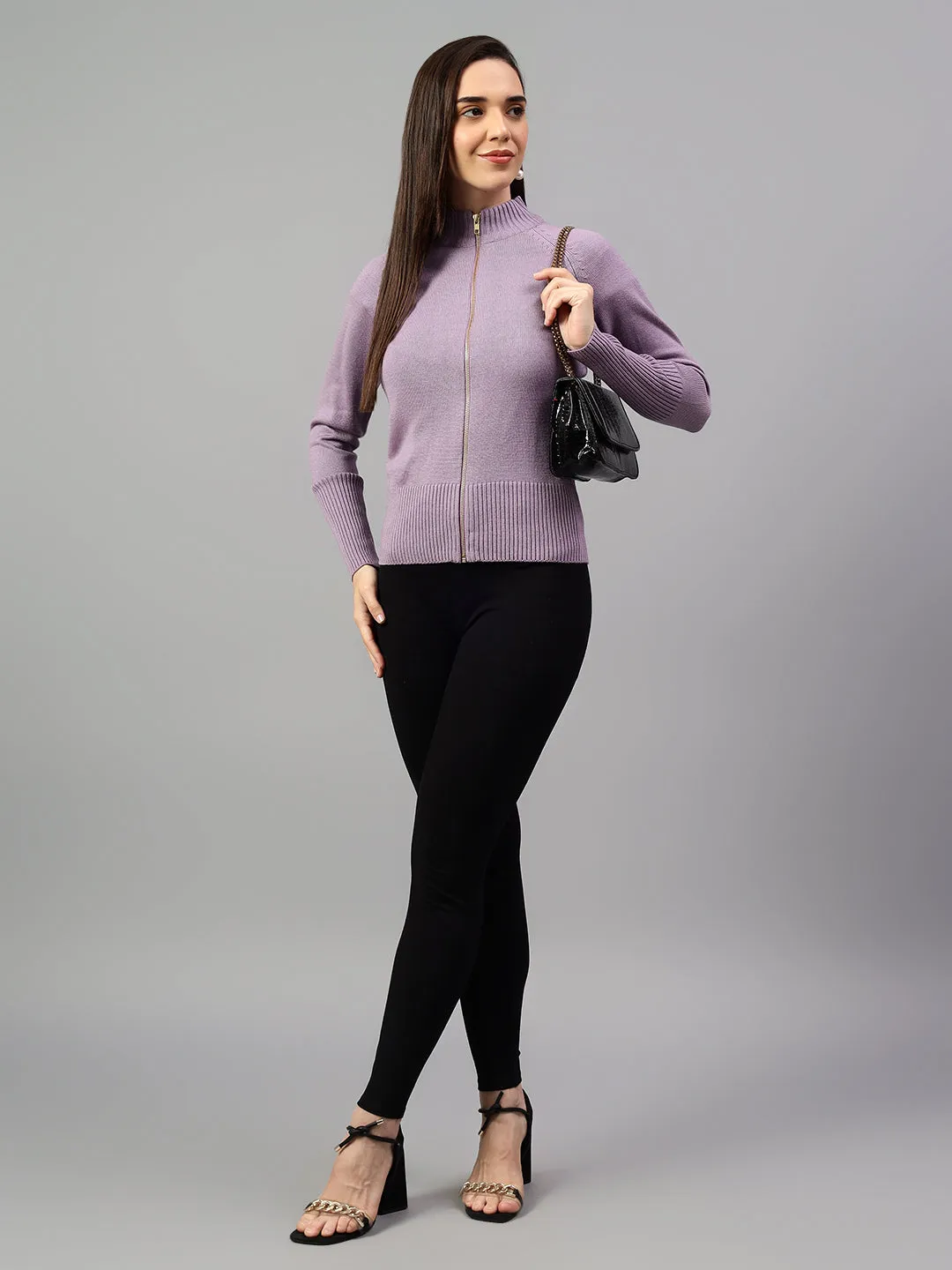 Women's Solid Lavender Full Sleeve Casual Sweater