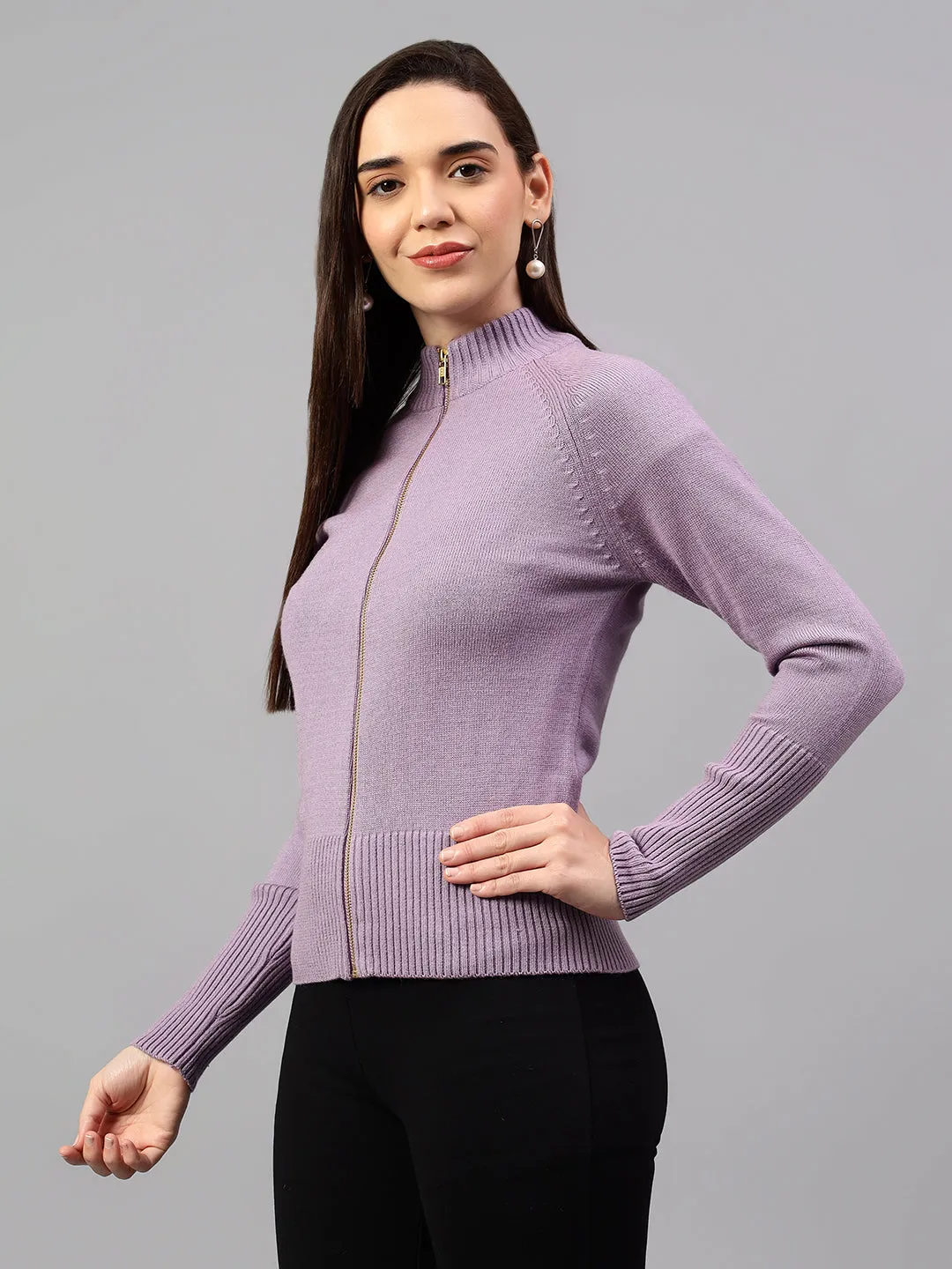 Women's Solid Lavender Full Sleeve Casual Sweater