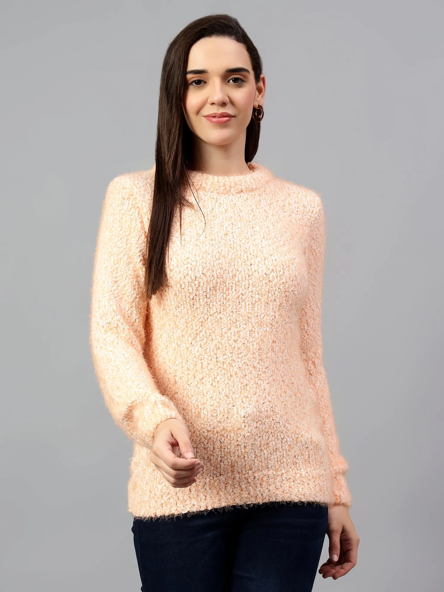 Women's Solid Orange Full Sleeve Casual Sweater