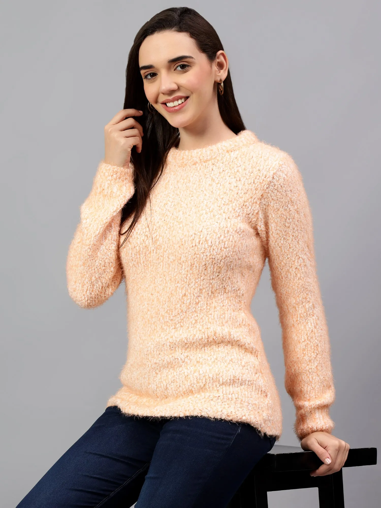 Women's Solid Orange Full Sleeve Casual Sweater