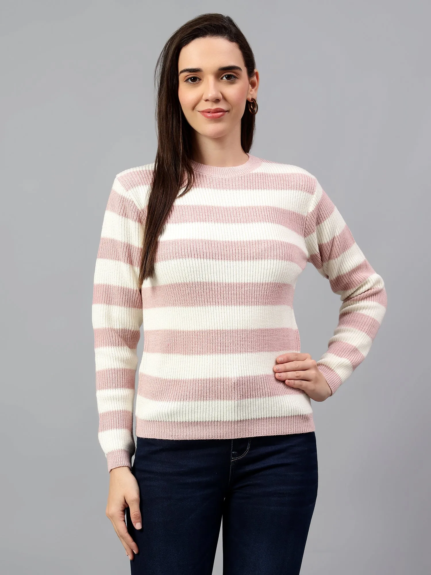 Women's Striped Pink Full Sleeve Casual Sweater